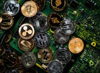 Image of many types of cryptocurrency laying on a motherboard