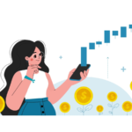 An image of a girl holding a phone, a rising graph emerging from the screen, plants with coins growing in the background; growth stocks