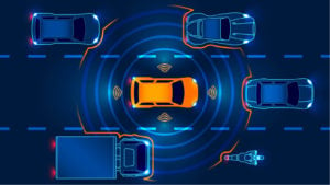 LiDAR sensors show car sensing traffic around it.