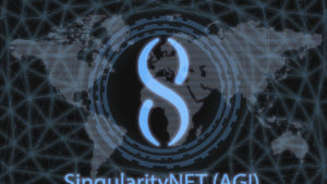 SingularityNet (AGI) cryptocurrency logo imposed over map of the world in blue and grays