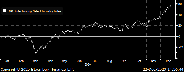 A chart showing the total return of the S&P Biotechnology Index from January to December 2020.