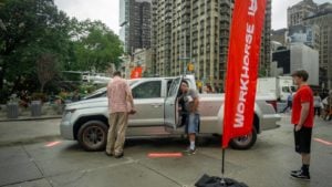 WKHS stock A Workhorse W-15 hybrid electric pickup truck on display at a branding event in Flatiron Plaza in New York.