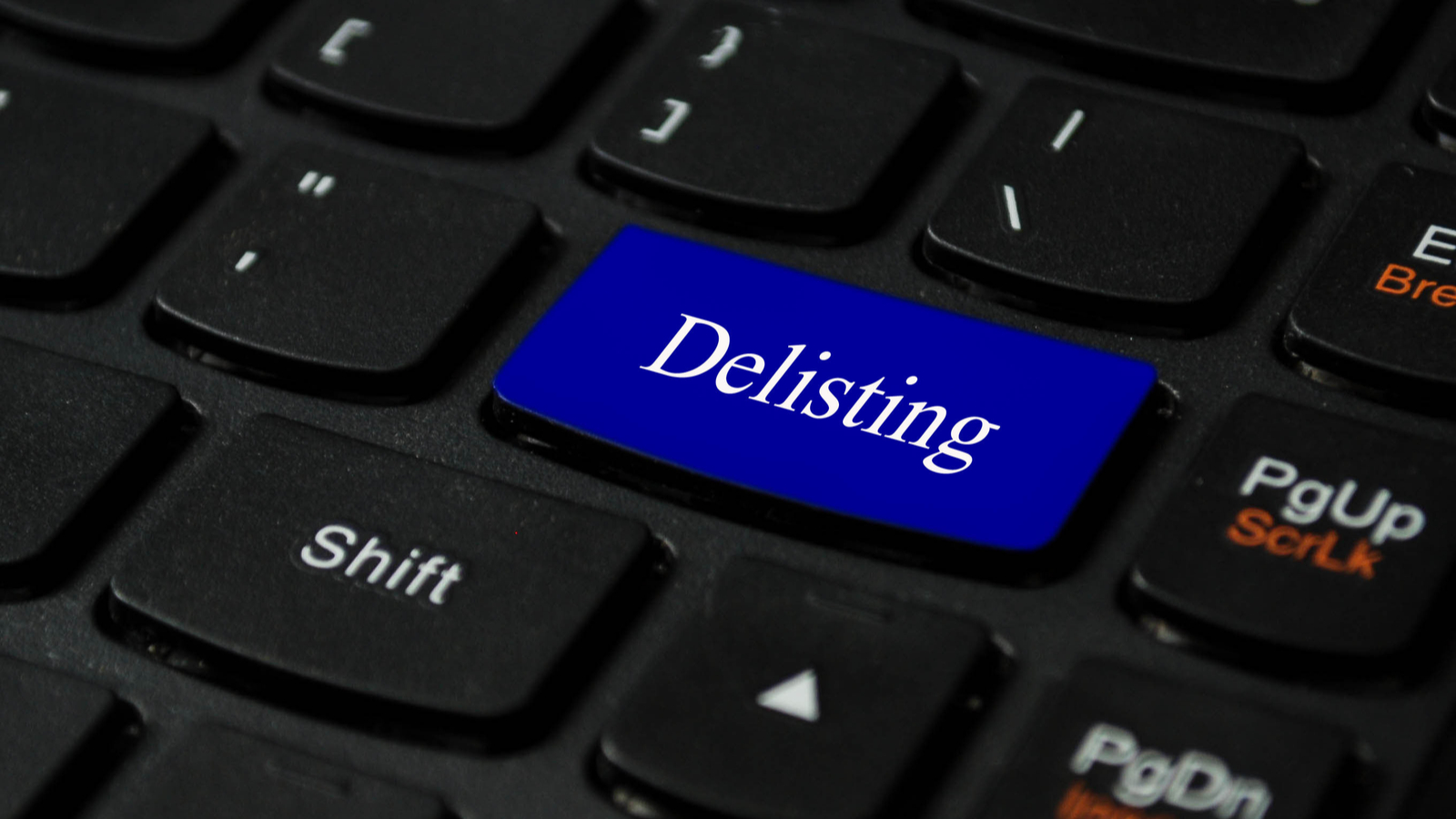 delisted stocks delisting text written on a keyboard. DS Stock is getting delisted.