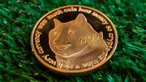 A stock image of a gold Dogecoin (DOGE) on a green textured background representing Dogecoin Price Predictions.