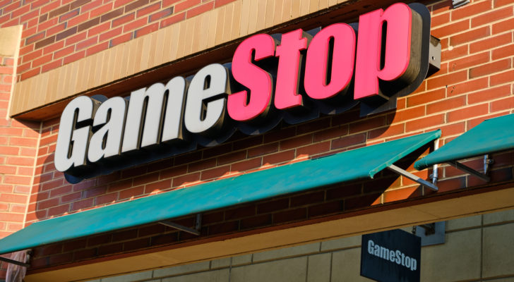 GameStop (GME) video game and electronics store logo sign in Bay Terrace, Queens, NY.