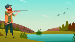 cartoon of a hunter next to a lake with a shotgun aiming at ducks in the sky