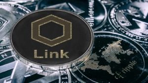 Digital representation of the Chainlink (LINK) cryptocurrency.