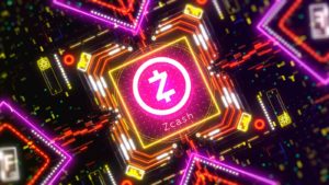 An image of the Zcash logo against a futuristic background.