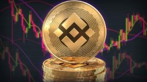 A Binance coin sits in front of trading charts.  Binance price predictions