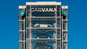 Tower of Carvana cars in a 'car vending machine.'