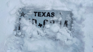 White Texas license plate obscured by snow