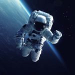 A concept art of an astronaut with a space secene behind. Space Stocks to buy