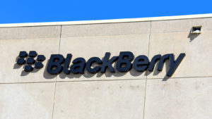 Image of the BlackBerry logo on the side of a building representing BB stock.