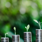 tree growing on coin of stacking with green bokeh background; growth stocks