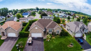 Residential neighborhood subdivision skyline Aerial shot