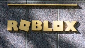 Roblox sign logo at headquarters. Stocks to sell
