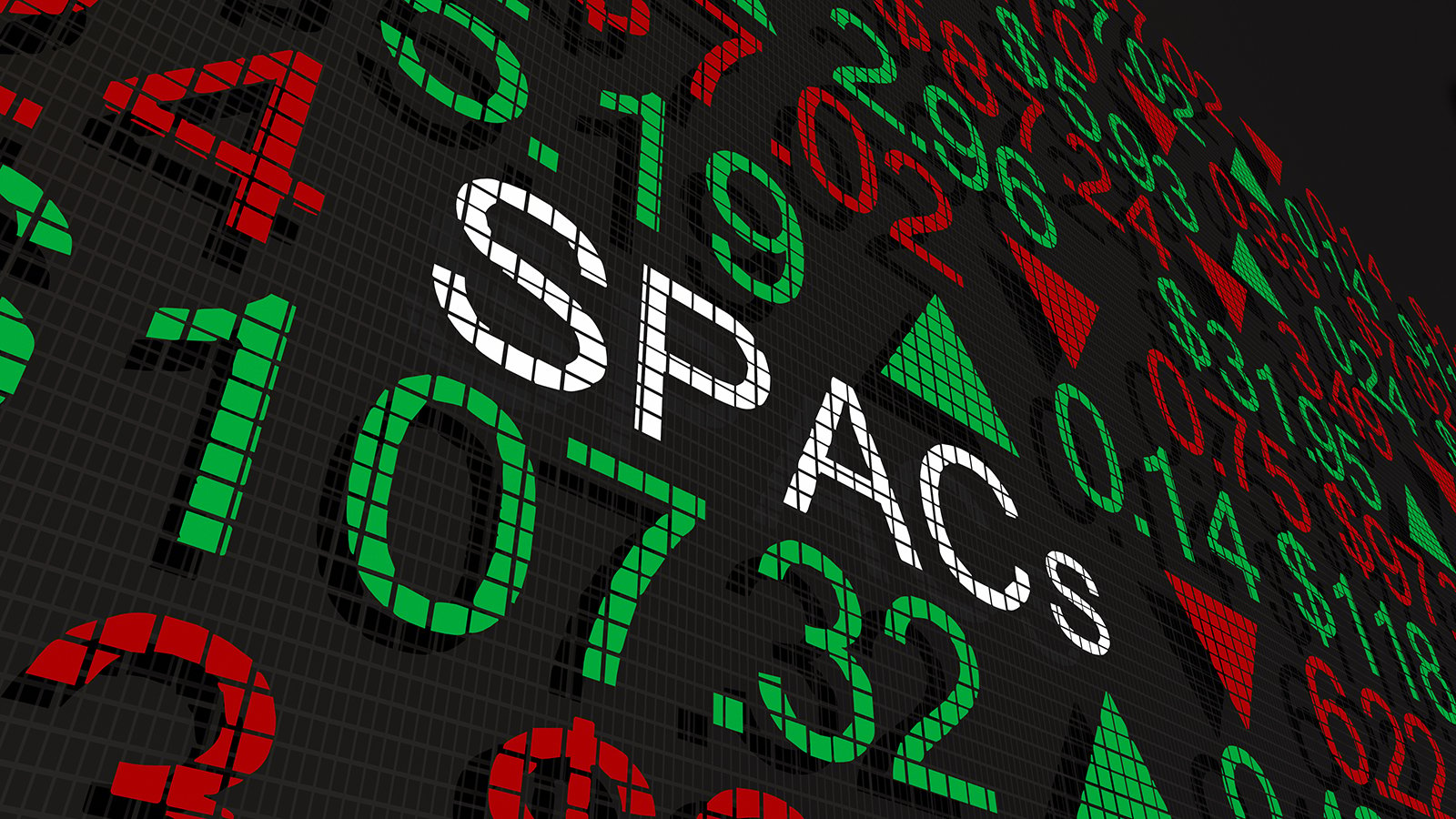 BAER Stock. A 3D illustration of the word SPACs on a stock board full of numbers and up and down arrows.