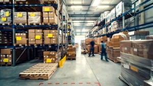 Inventory to purchase: warehouse interior with shelves, pallets, and boxes D