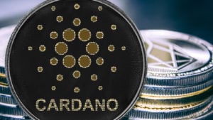 A concept coin for Cardano (ADA) representing price predictions.