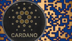 A concept image of a Cardano coin on a pixelated background.