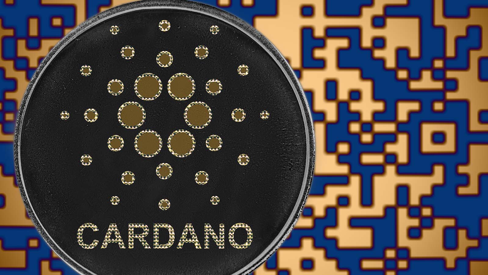 Cardano (ADA) token with blue and orange digital background.