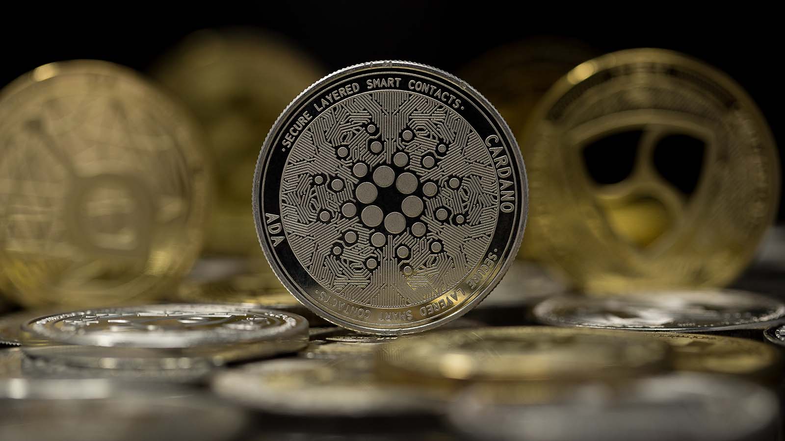 The Cardano (ADA) token with other gold and silver tokens in the background representing Cardano price predictions.