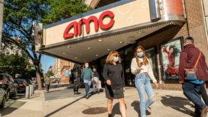 People wearing masks walking past an AMC theater representing AMC Stock.