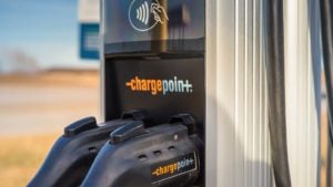 EV 株: ChargePoint 充電ステーションのクローズ アップ ショット。