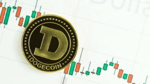 A Dogecoin (DOGE) concept token with a trading chart in the background.