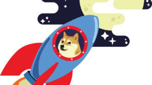 Doge riding a rocket to the moon.