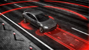 LIDR stock: Concept image of a self-driving car lidar system.