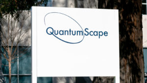 A QuantumScape sign at the company's headquarters representing QS stock.