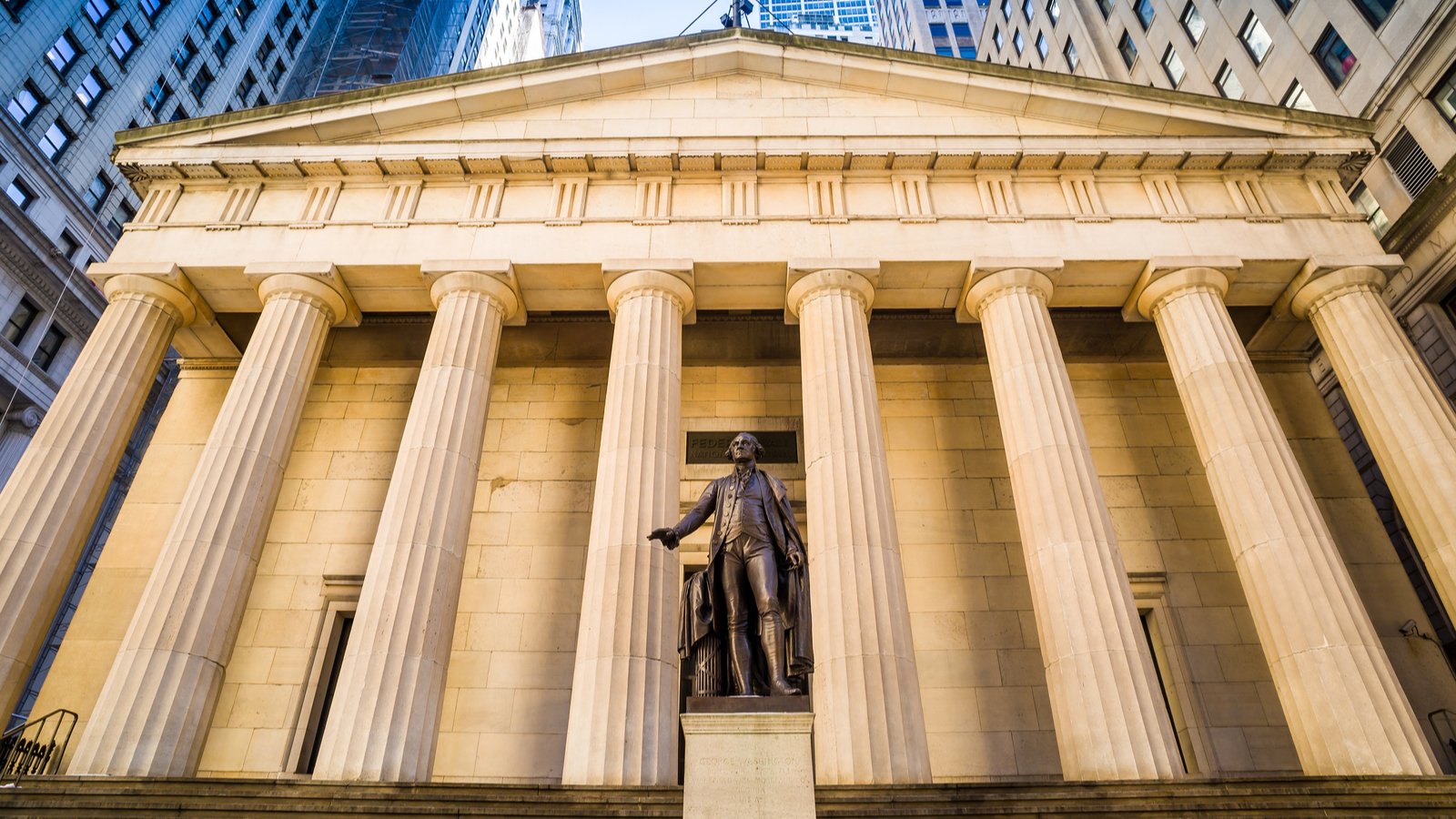 Fed raise interest rates. A view of the Federal Hall on Wall Street representing Pre-Market Stock Movers.