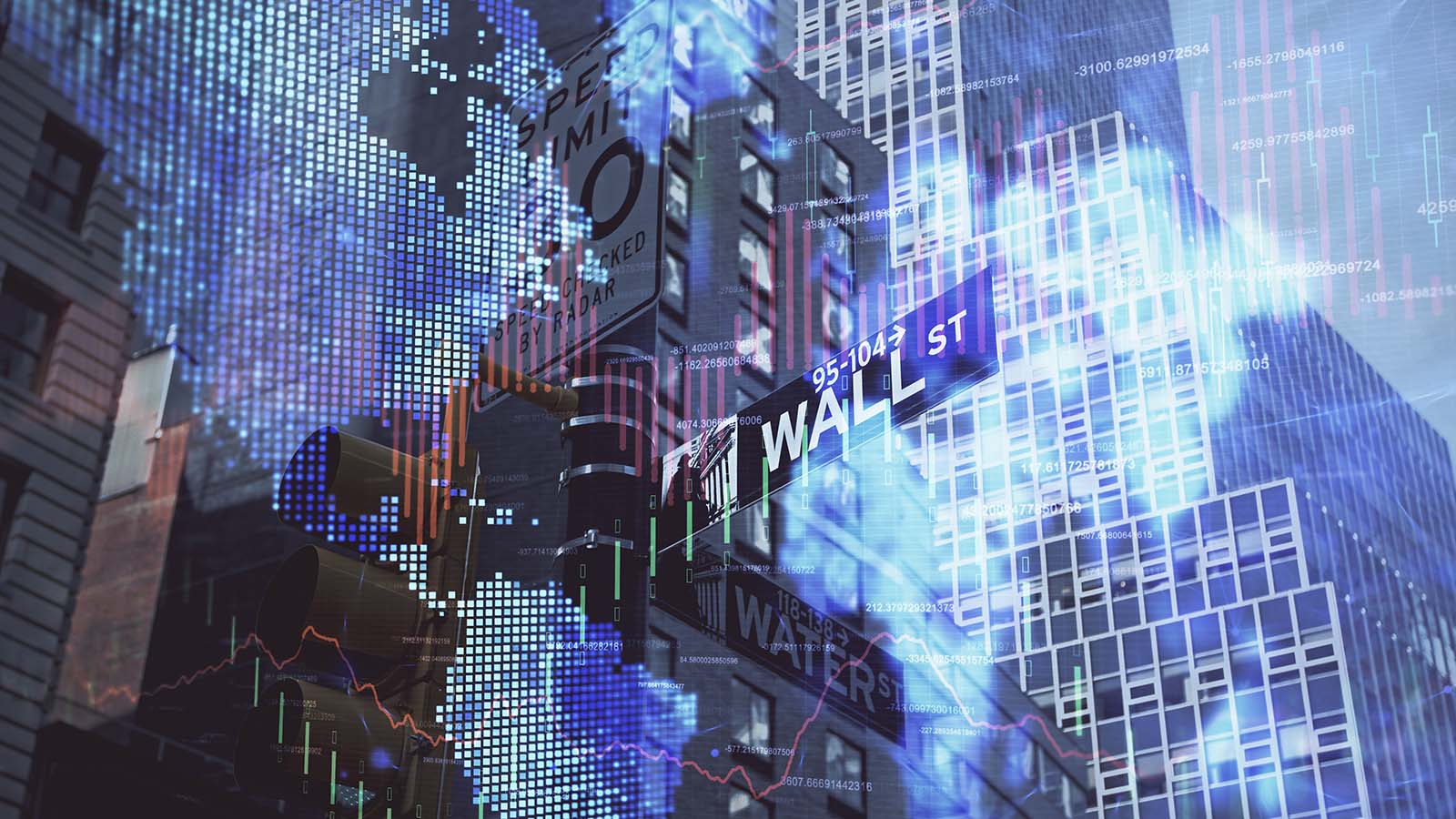 A forex chart placed over an image of the Wall Street sign and skyscrapers representing pre-market stock movers.