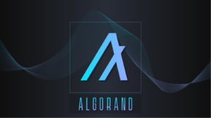 Algorand logo in light blue against a simple dark-colored, futuristic-looking background