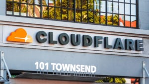 NET stock Close up of Cloudflare logo at the Company's headquarters