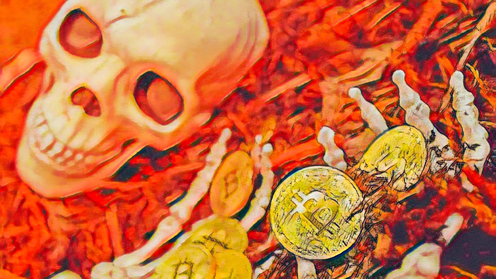 A concept image of a flaming skeleton with BTC tokens in its hand representing ProShares Short Bitcoin ETF.