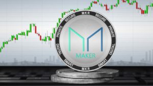 A concept maker (MKR) token in front of a trading chart.