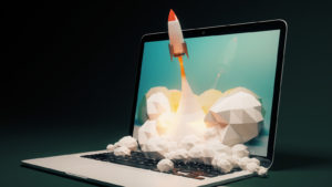 graphic of cartoon rocket shooting out of laptop computer with black background behind computer