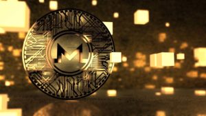 A concept coin for Monero (XMR) has a sparkly gold background