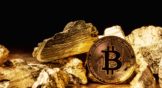 A Bitcoin (BTC) coin surrounded by gold.