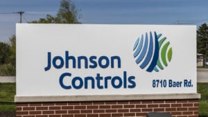 A sign for a Johnson Controls location showing the logo and address of the company.