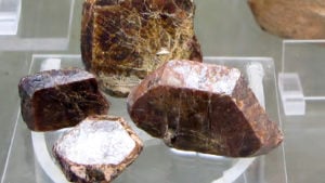 Several crystals of the rare earth metal gadolinium are on display on a clear surface.