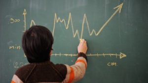 A person draws a stock chart on a chalkboard.