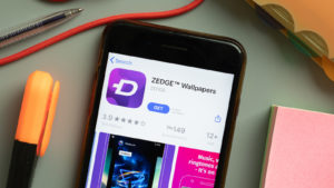 A photo of a smarphone showing the Zedge (ZDGE) app.