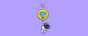An illustration of an astronaut floating by a big balloon with a diamond on it.