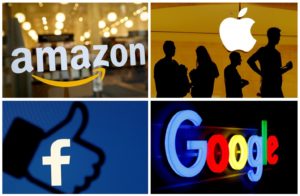 An image that has different photos of logos for amazon, apple, facebook, and google.
