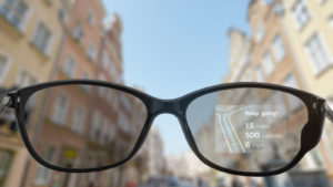 Augmented reality, app showing map, calories and speed onto a lens.