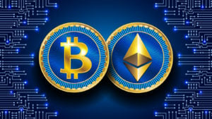 A concept image of a Bitcoin and an Ethereum token next to each other on a blue background.