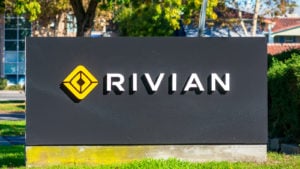 Rivian (RIVN stock) sign outside the company's HQ in Silicon Valley